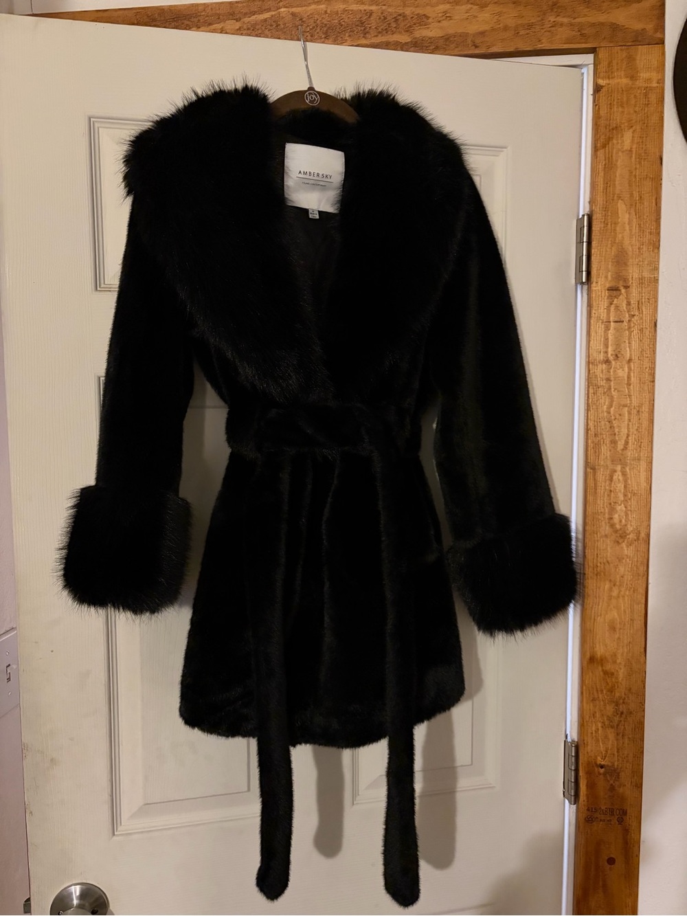 Black Faux-Fur Hooded Trench Coat with Belt